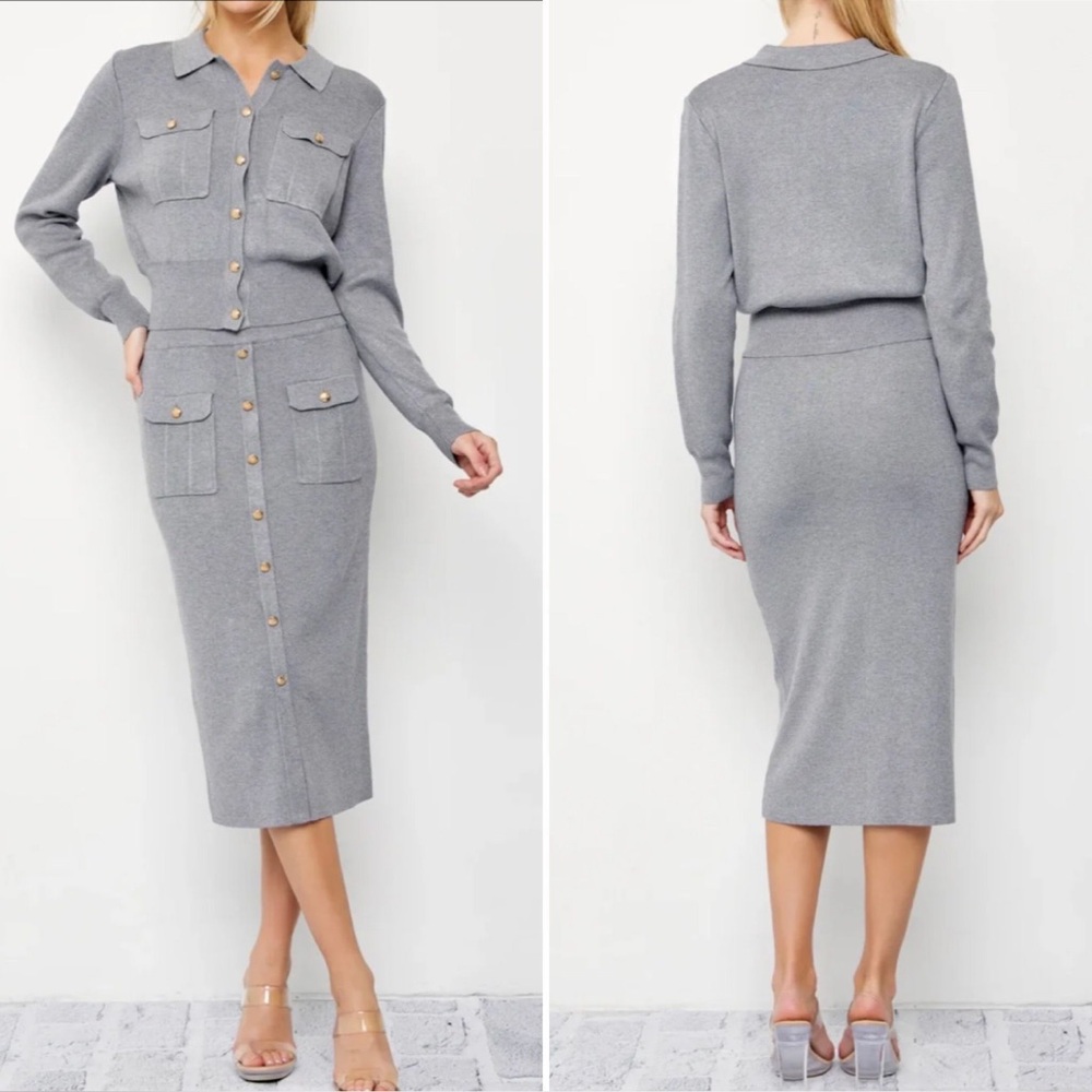 Gray Button-Down Knit Cardigan and Skirt Set